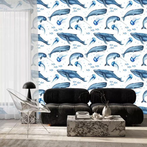 Behang Waterverf naadloos patroon met walvissen, kwallen, potvis, narwal. Textuur met oceanische zoogdieren voor behang, verpakkingen, scrapbooking, stoffen, textiel.