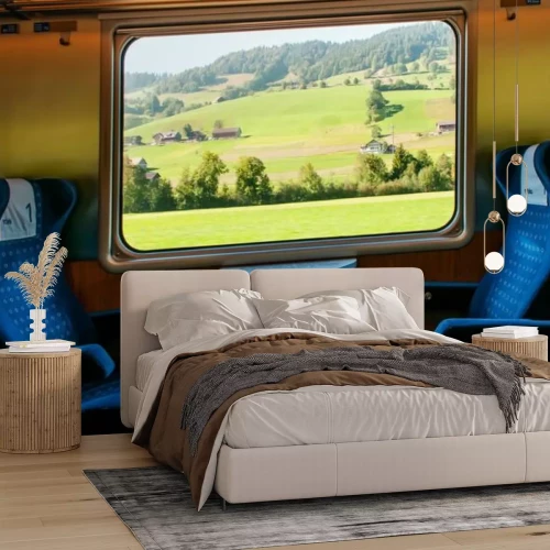 Fotobehang Uitzicht op de Zwitserse bergen vanuit de trein