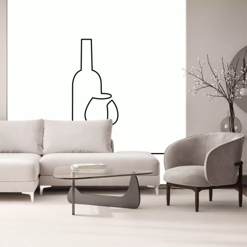 Sticker Wijnglas overzicht vector pictogram. Doorlopende lijn tekende een fles wijn en een glas.