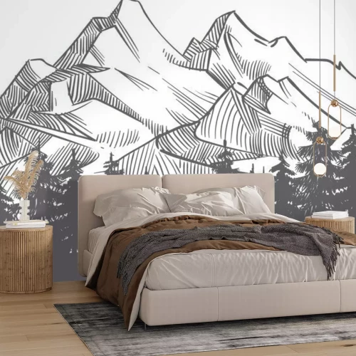 Sticker Zwart-wit bos tekenen op een achtergrond van bergen