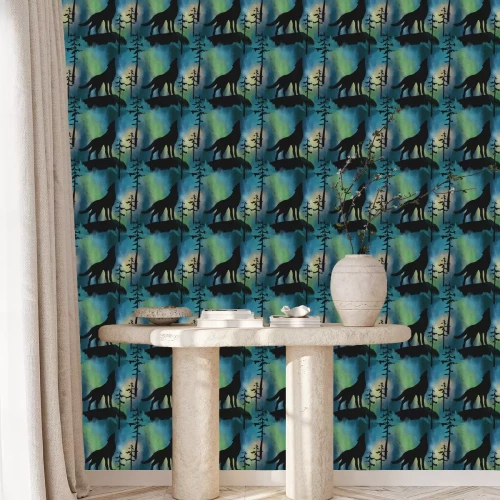 Behang Huilende wolven tegen de aurora