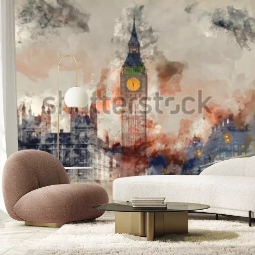 Fotobehang Aquarel Londen met Big Ben en de Houses of Parliament