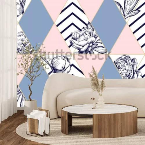 Fotobehang Geometrisch patroon met pioenrozen