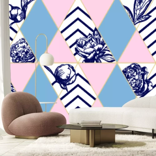 Fotobehang Geometrisch patroon met pioenrozen