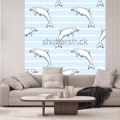 Sticker Naadloos patroon patroon dat van hand getrokken dolfijnen op blauwe gestreepte achtergrond wordt gemaakt. Kan worden gebruikt voor plakboek, behang, stoffenafdruk, verkregen en opvullingen. vec
