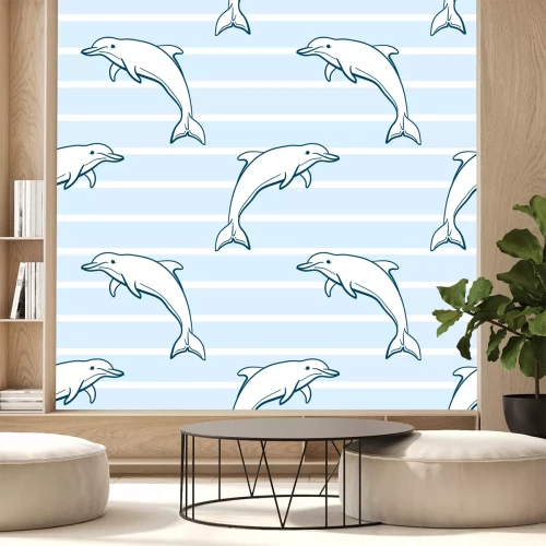 Sticker Naadloos patroon patroon dat van hand getrokken dolfijnen op blauwe gestreepte achtergrond wordt gemaakt. Kan worden gebruikt voor plakboek, behang, stoffenafdruk, verkregen en opvullingen. vec