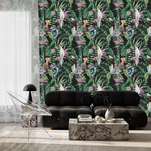 Behang Exotische vogels tussen tropische bladeren