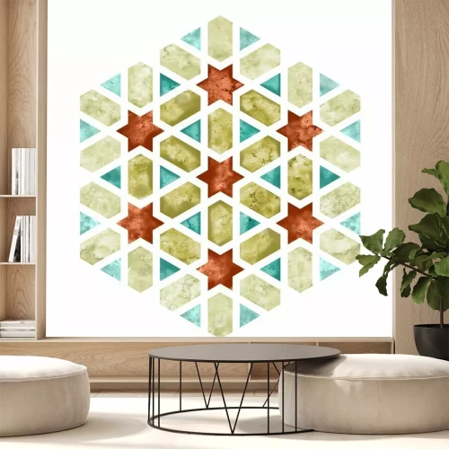 Sticker Arabesque aquarel tegelelement. Zeshoekig geometrie embleem of bord met bleke rand voor stoffen en tasontwerp