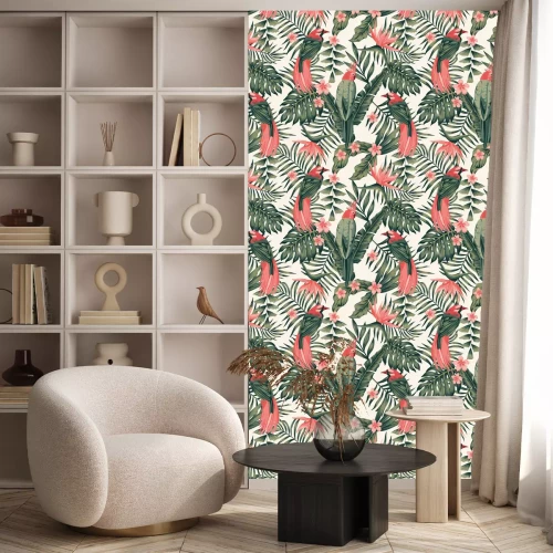 Behang Roodgroene vogels en tropische bloemen