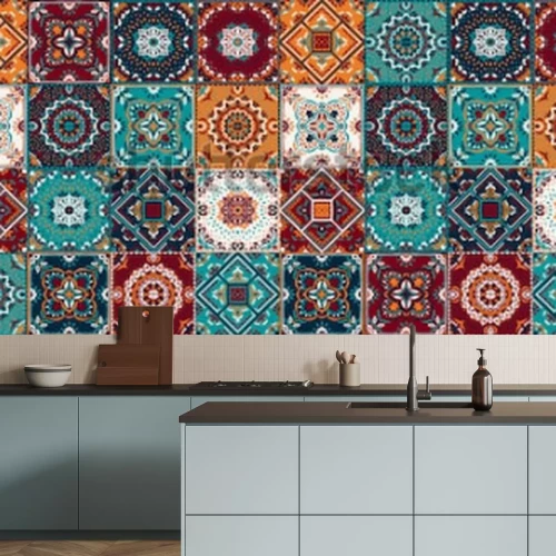 Sticker Talavera-Patroon. Indiase patchwork. Azulejos Portugal. Turken sieraad. Marokkaans tegelmozaïek. Keramisch servies, folk print. Spaans aardewerk. Etnische achtergrond. Mediterrane naadloze achtergrond