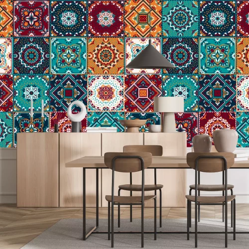 Sticker Talavera-Patroon. Indiase patchwork. Azulejos Portugal. Turken sieraad. Marokkaans tegelmozaïek. Keramisch servies, folk print. Spaans aardewerk. Etnische achtergrond. Mediterrane naadloze achtergrond