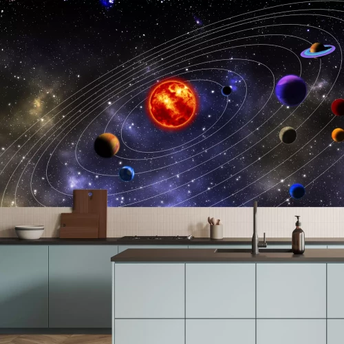 Fotobehang Planeten in het zonnestelsel en hun banen in de ruimte