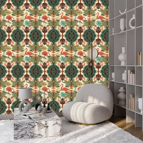 Behang Naadloos Arabisch patroon. Etnisch sierbehang. Kleurrijke decoratieve achtergrond met ornamenten, planten en flamingo's. Ontwerp voor textiel, stof, web, inpakpapier