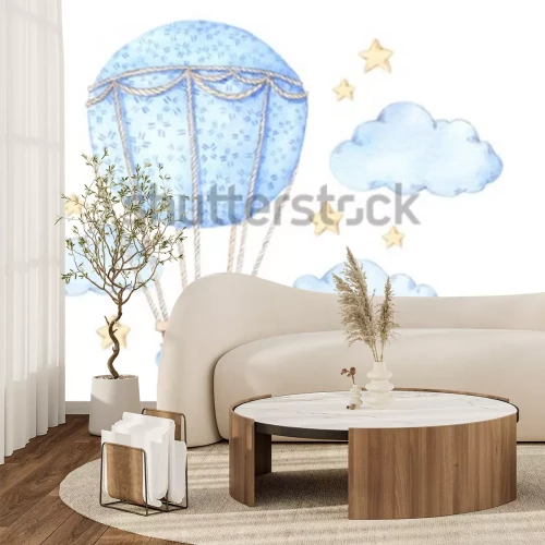 Sticker Blauwe ballon tussen wolken en sterren