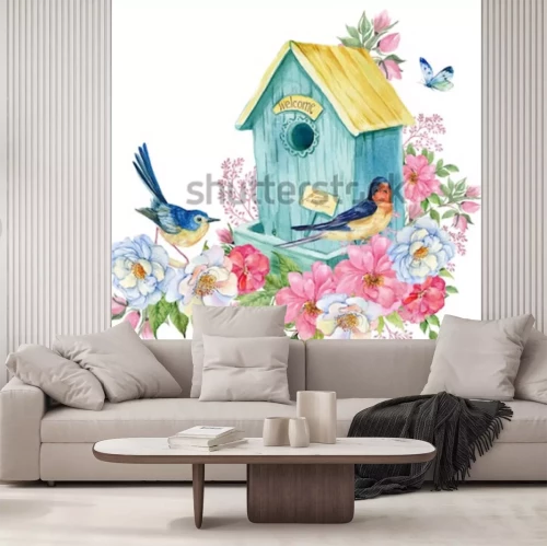 Sticker Bloemen rond een vogelhuisje
