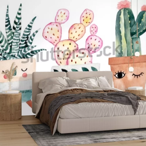 Sticker Bloem in de pot en twee cactussen