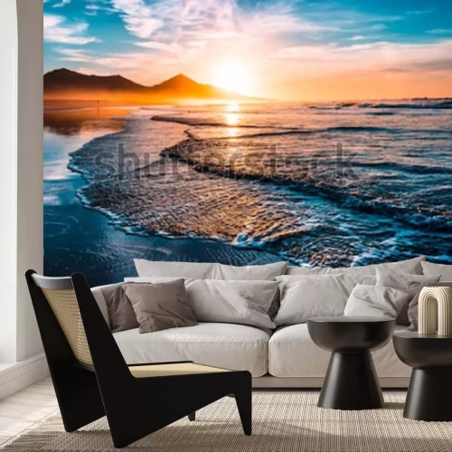 Fotobehang 3D zee en golven bij zonsondergang