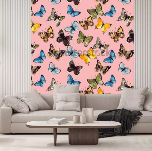 Sticker Veelkleurige vlinders op een roze achtergrond