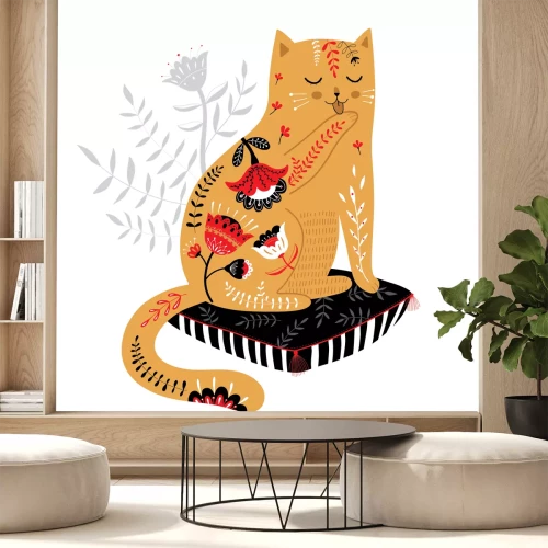 Sticker Babykat met bont bedekt met bloemen