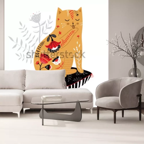 Sticker Babykat met bont bedekt met bloemen