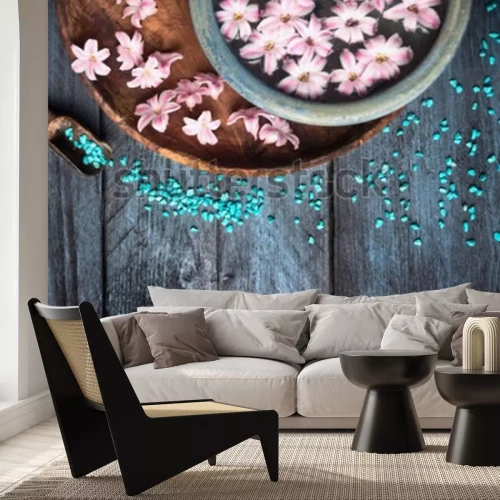 Fotobehang Zeezout, bloemen en water