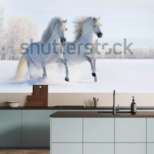 Fotobehang Paarden in de sneeuw wit