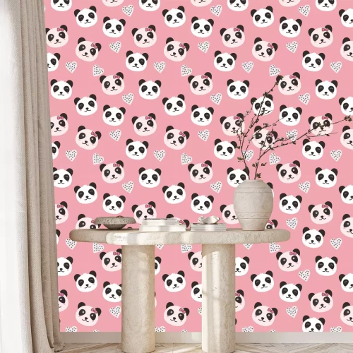 Behang Leuke teddyberen onder hartjes op een roze achtergrond