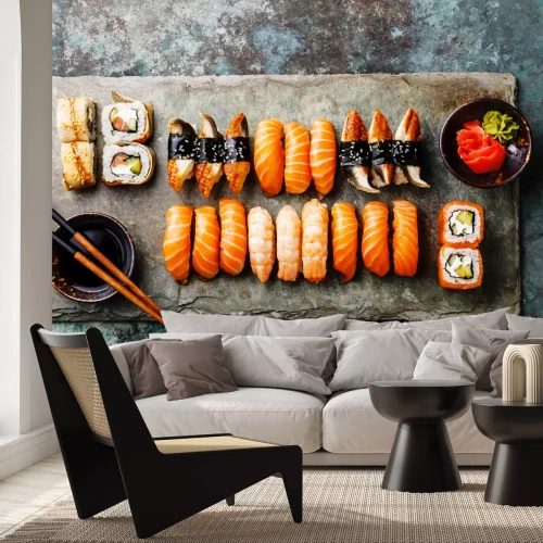 Fotobehang Sushi op een leistenen dienblad