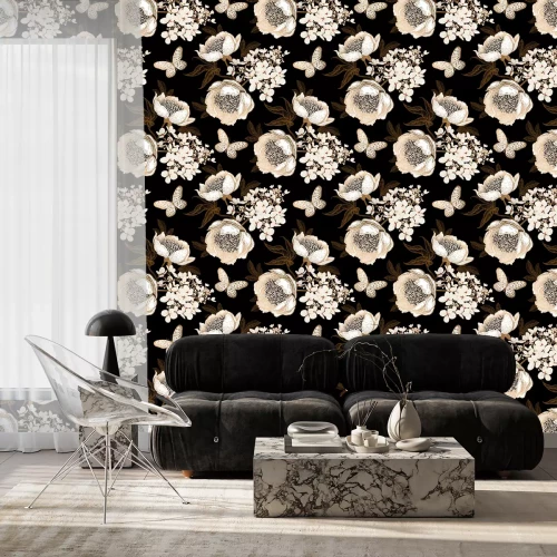 Behang Bloemen bladeren en vlinders in bruine tinten