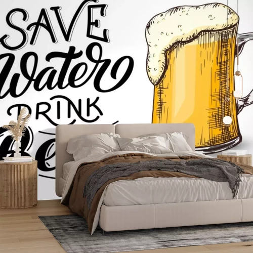 Sticker Bespaar water drinken bier hand belettering, vintage kalligrafie, penseel handschrift op witte achtergrond met mok ontwerp ets schets. Vector drankje illustratie.