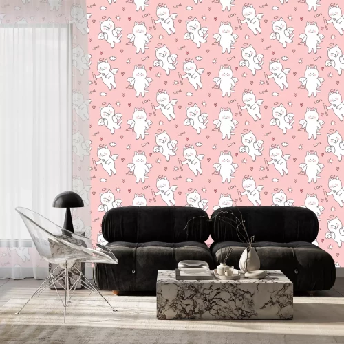 Behang Roze katten verkleed als cupido's