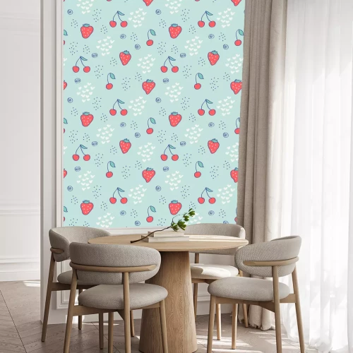 Behang Rode kleine vruchten op een blauwe achtergrond