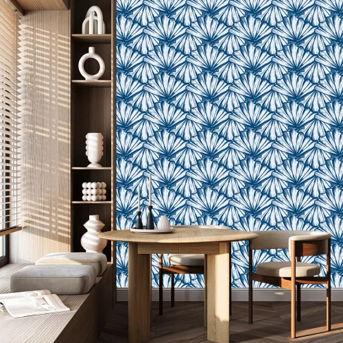 Behang Patroon met blauwe schelpen