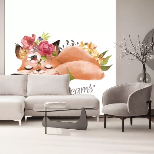 Sticker Leuke hand getrokken baby prinses fox met bloemen krans, boeket, bloemen