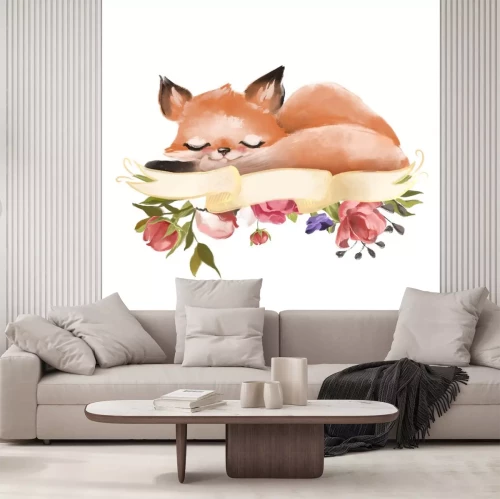 Sticker Schattig hand getekend baby prinses fox met bloemen krans, boeket, bloemen en groenblauw