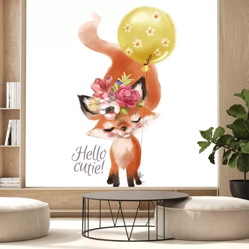 Sticker Leuke hand getrokken baby prinses fox met bloemen krans, boeket, bloemen en ballon