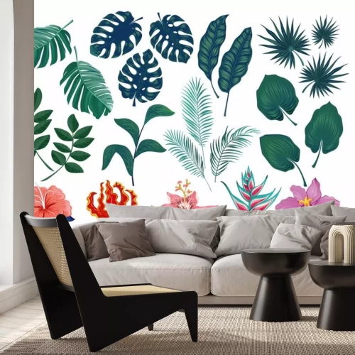 Sticker Leuke tropische stickers en labels. Zomer set bladeren en bloemen. Vector illustratie