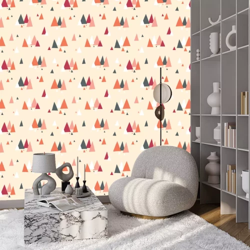 Behang Het naadloze vectorpatroon van driehoeksbergen in Skandinavische stijl. Decoratieve achtergrond met landschapselementen. Abstracte textuur grijs, koraal, rood, beige, wit. Gebruik voor stof, digitaal 