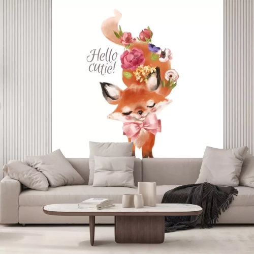 Sticker Leuke hand getrokken baby prinses vos met bloemen krans, boeket, bloemen en gebonden boog