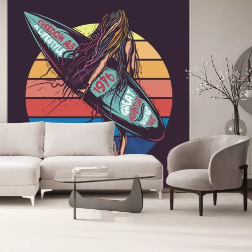 Sticker Originele vectorillustratie, in retro neon stijl, meisje naar de zee, met in de hand surfen.