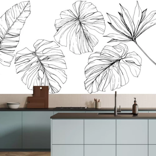 Sticker Exotische gekartelde bladeren zwart-wit tekeningen