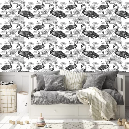 Behang Zwart-wit zwanen en lelies in oosterse stijl