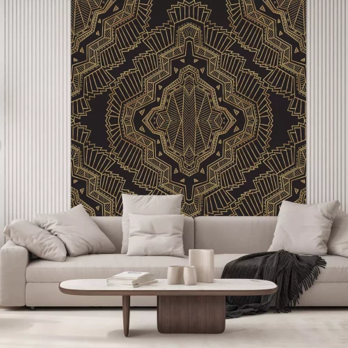 Sticker Geometrische abstract vector naadloos art decopatroon van gouden en zwarte hand gekiemde ruit, Eskimo etnische ornamenten, ribbels zigzagstrepen. Textiel fantasy print. Inpakpapier. Batik bewegwijzeri