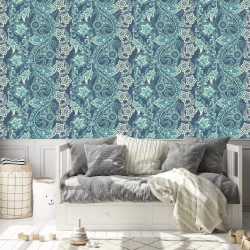 Behang Sierbloemen en bladeren in blauwtinten