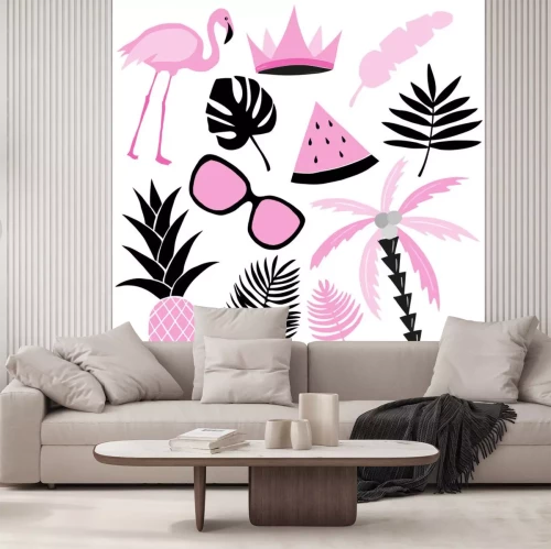 Sticker Tropische set in roze en zwarte kleuren. Flamingo, watermeloen, palm, bladeren. Vector collectie.