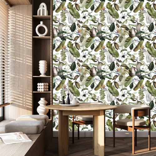 Behang Tropische bladeren en oranjebloesem