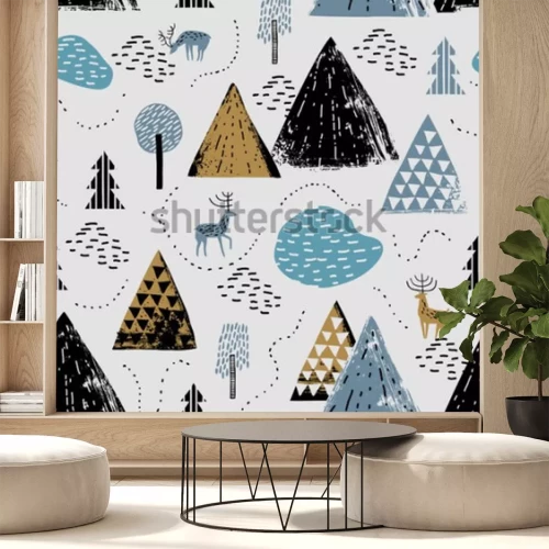 Sticker Naadloos patroon met een berglandschap, raindeer en een bos. Perfect voor kaarten, uitnodigingen, behang, banners, kleuterschool, babydouche, kinderkamer decoratie. Scandinavisch landschap.