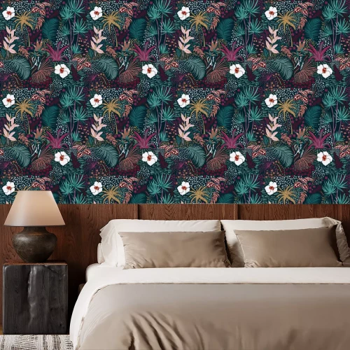 Behang Plantenpatroon in retro kleuren