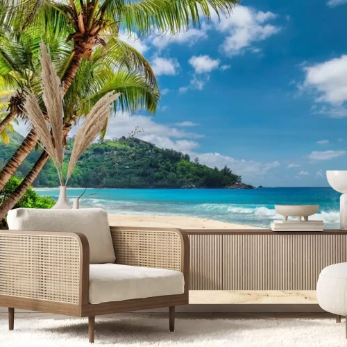 Fotobehang Palmbomen, zee en tropisch eiland