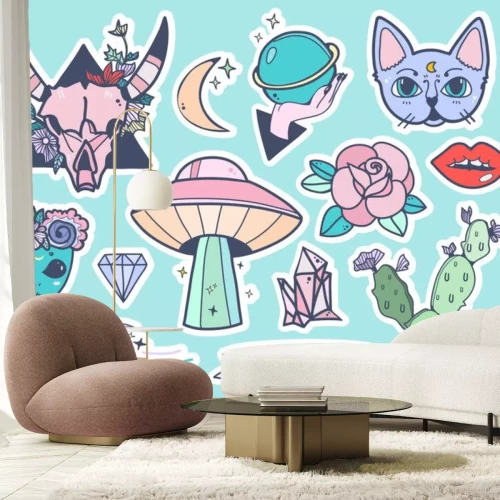 Sticker Hand getrokken trendy stickers. Gekleurde vector set. Alle elementen zijn geïsoleerd